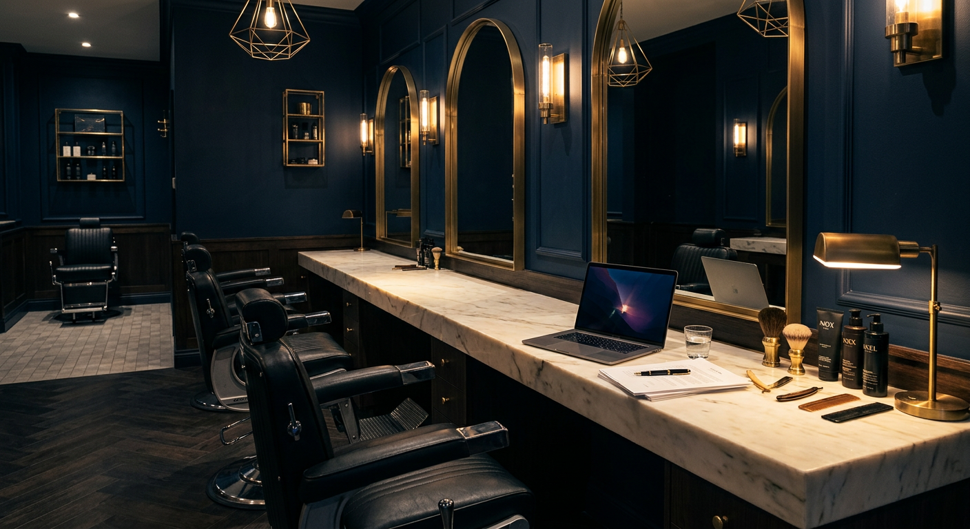 An upscale barbershop with black leather chairs, marble counters, and brass fixtures